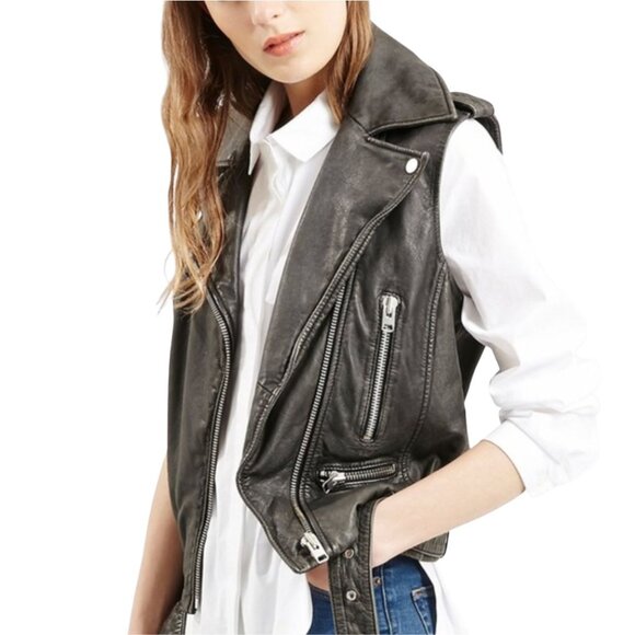 ♥️ Black Leather Moto Vest Women Size 4 Topshop - Picture 2 of 10